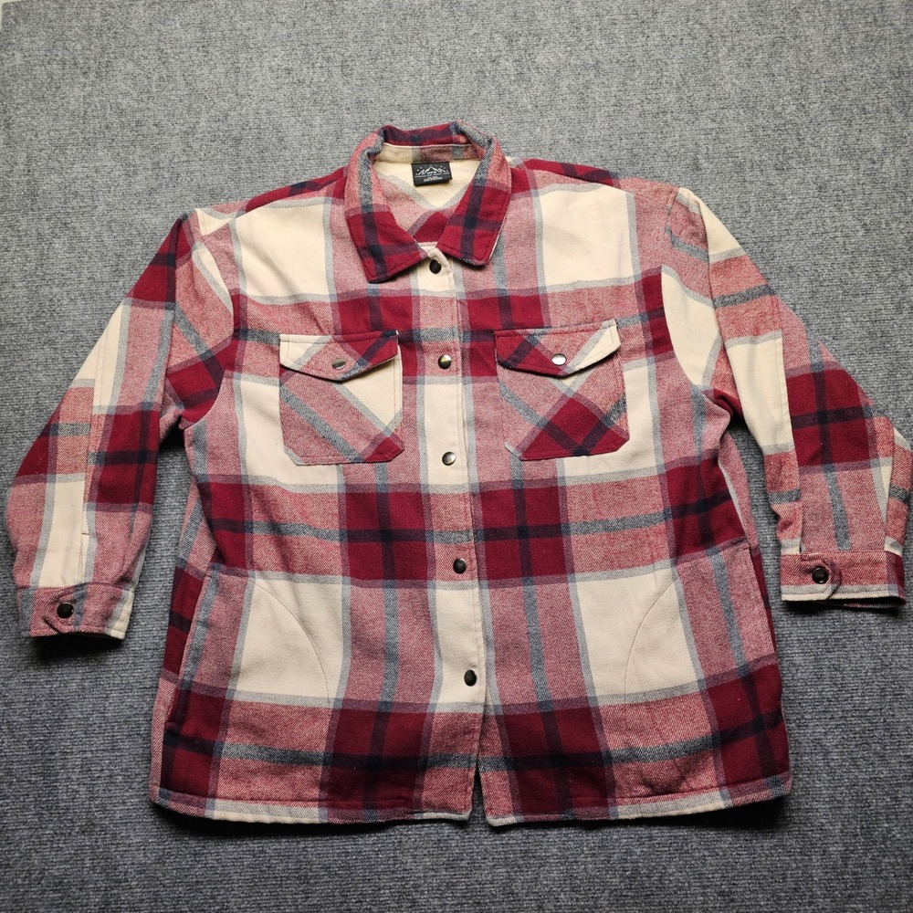 HFX Men XL Red Cream Plaid Flannel Shirt Jacket Snap Front Wool Blend 1534711